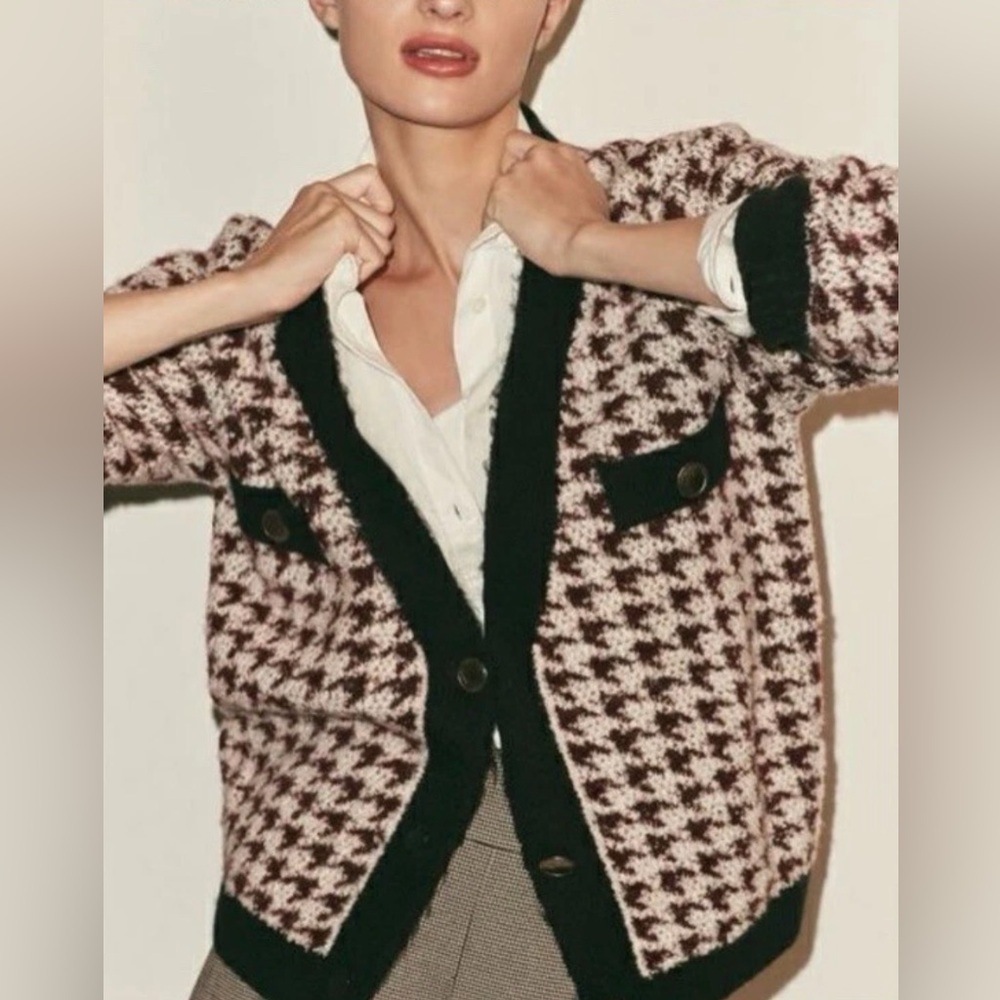 Anthropologie Maeve Chunky Soft Knit Houndstooth Cardigan Gold Hardware  Size S - Picture 2 of 8